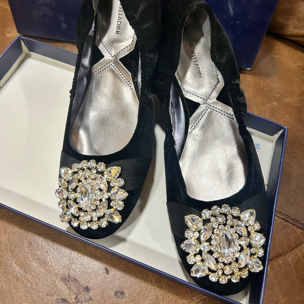Adrienne Vittadini Black Flats with Gold Accents
